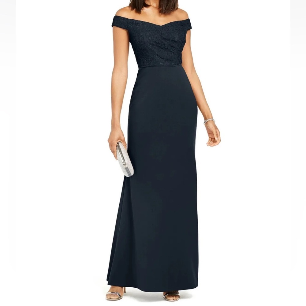 ADRIANNA PAPELL Off Shoulder Lace Top Full Length Formal Sheath Dress - Reemoly